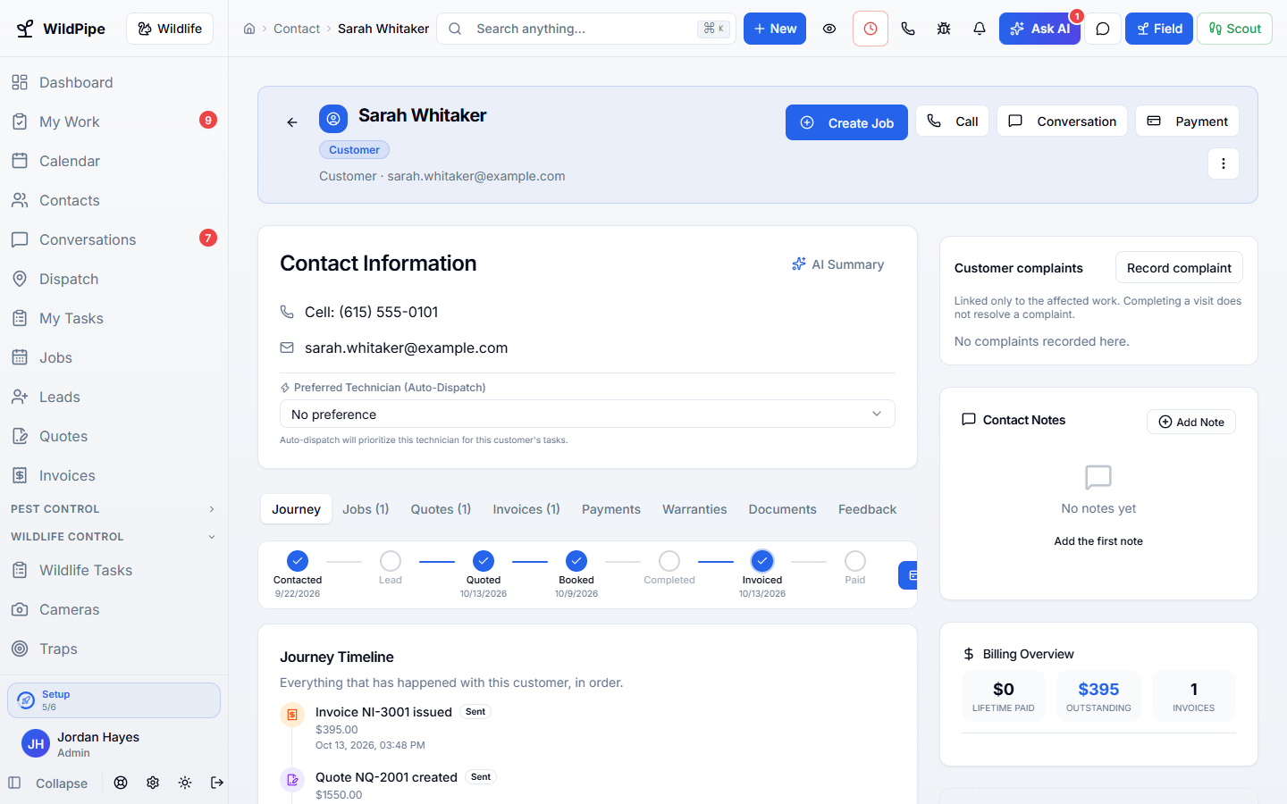 A customer record in WildPipe showing the full journey from first contact to invoice