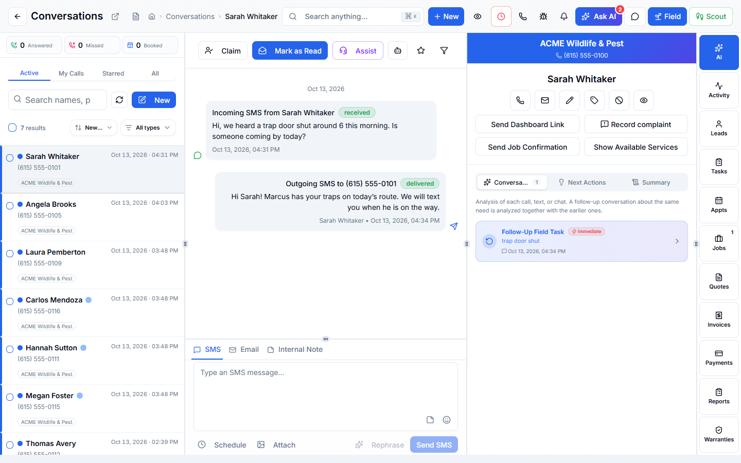 WildPipe conversations inbox with a customer text thread and account details side by side