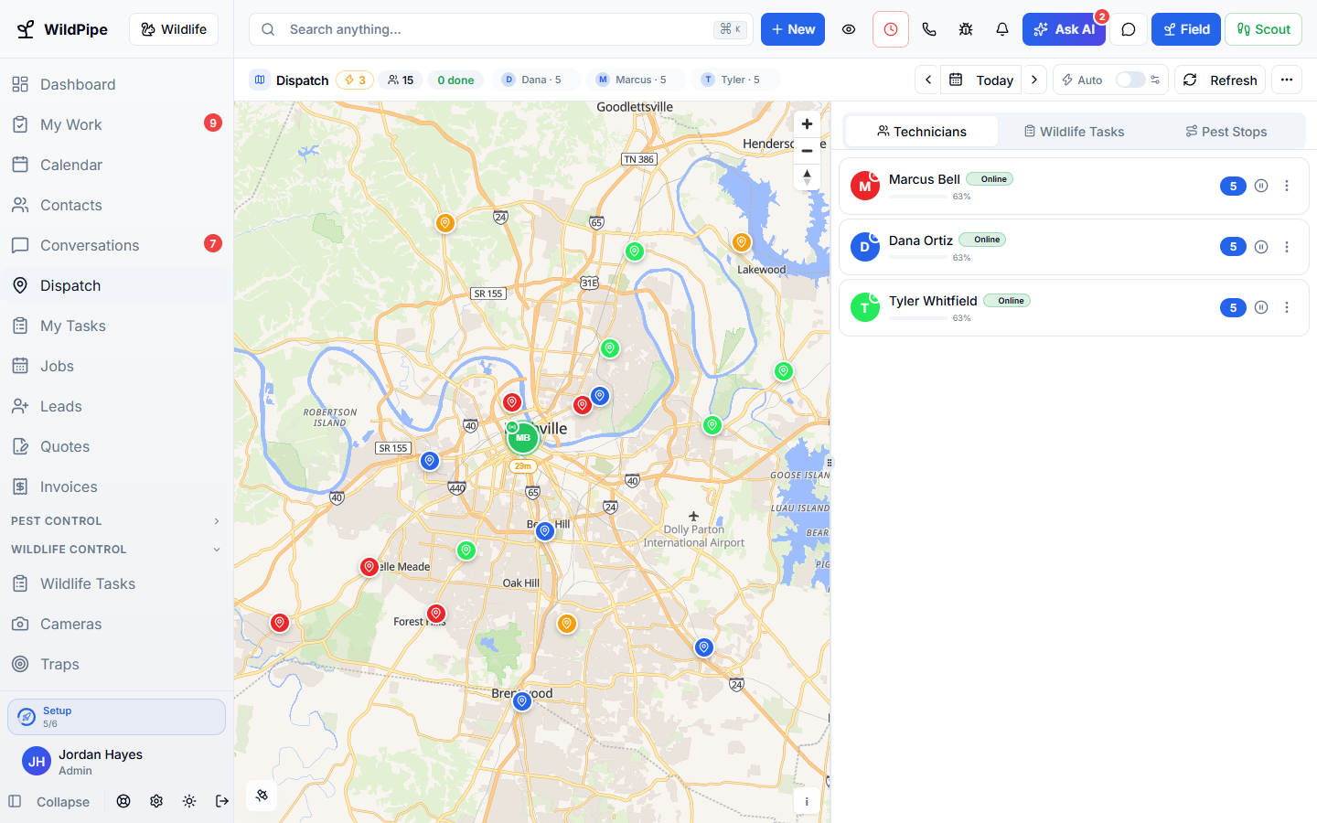 WildPipe dispatch map showing three technicians and their routes across Nashville