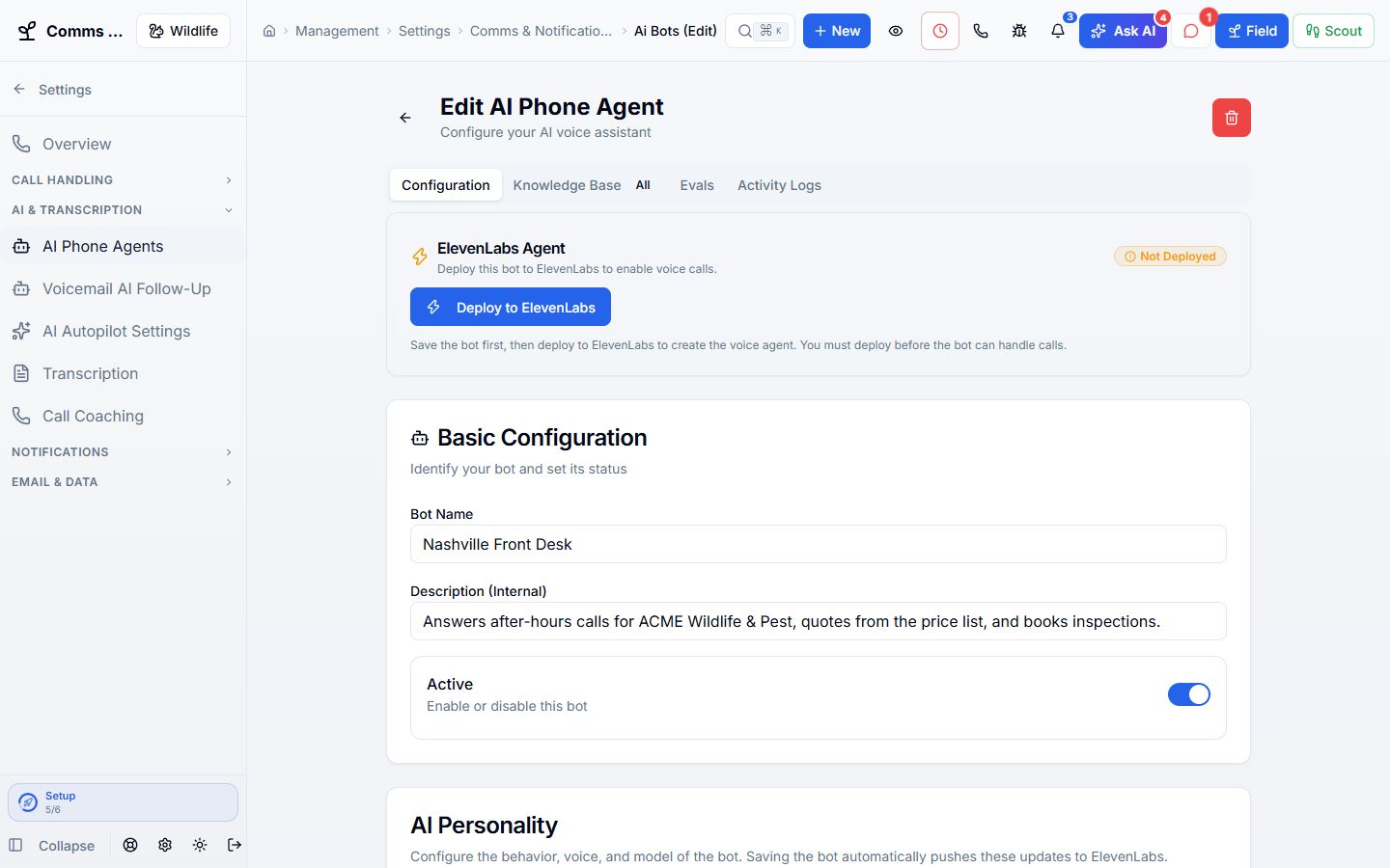 AI Phone & Text Assistants in WildPipe: an AI phone assistant’s greeting, tools, and booking rules