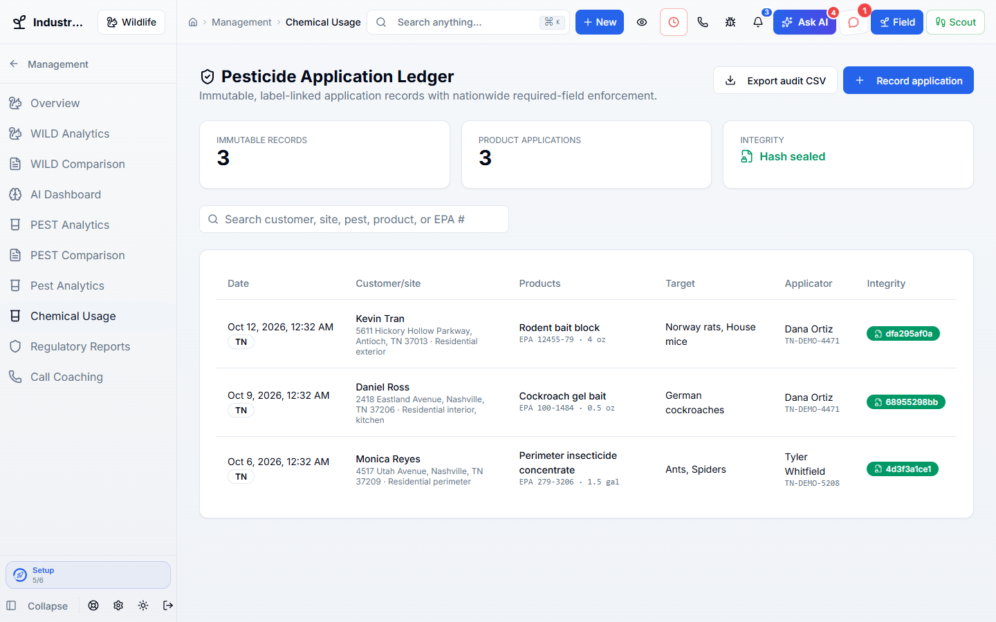 Pesticide & Compliance Records in WildPipe: sealed pesticide application records with EPA numbers and applicators