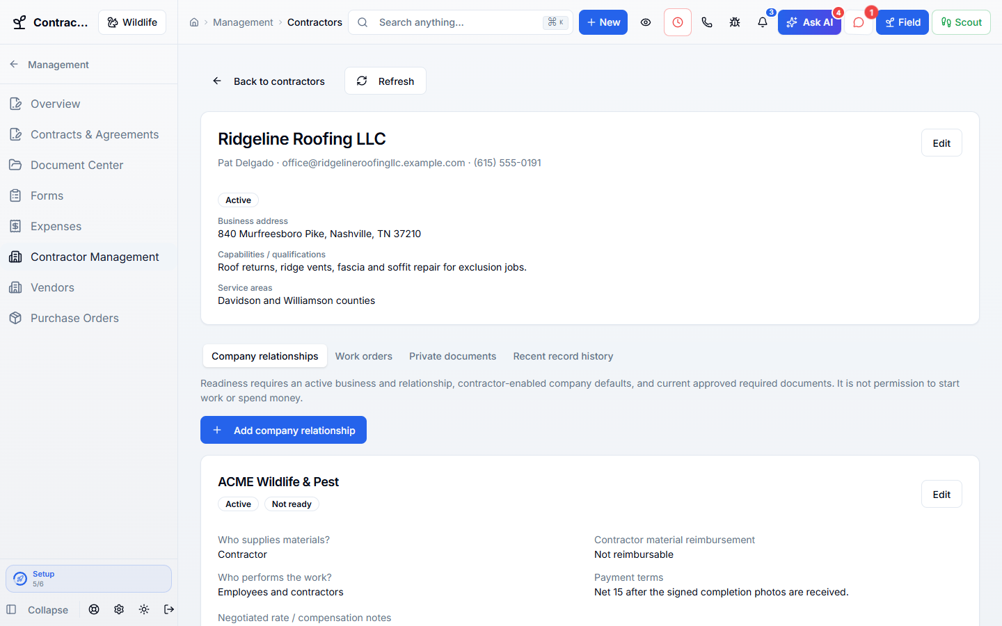 Subcontractors in WildPipe: a subcontractor’s record with brand terms and onboarding status