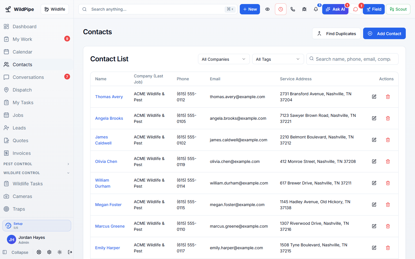 Customer Records in WildPipe: the customer list with phone numbers, addresses, and balances