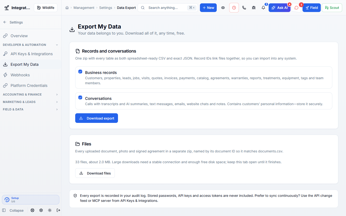 Your Data & API in WildPipe: the screen for downloading all of your business records