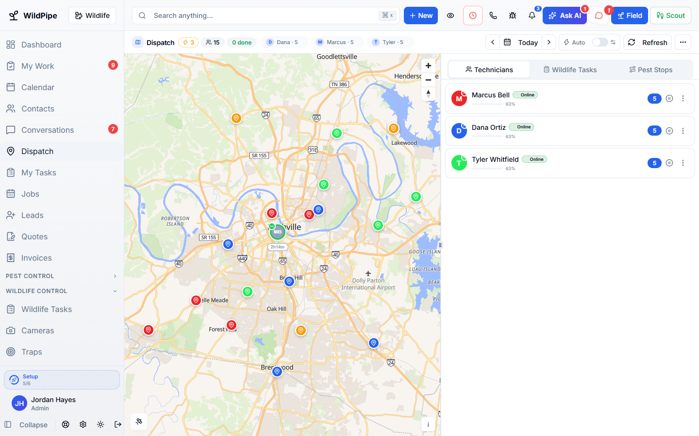 Dispatch Board in WildPipe: the dispatch map with technicians and today’s stops