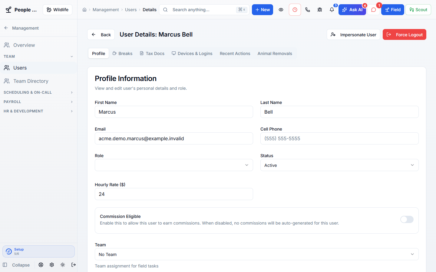 Team Management in WildPipe: an employee’s profile, role, and field settings