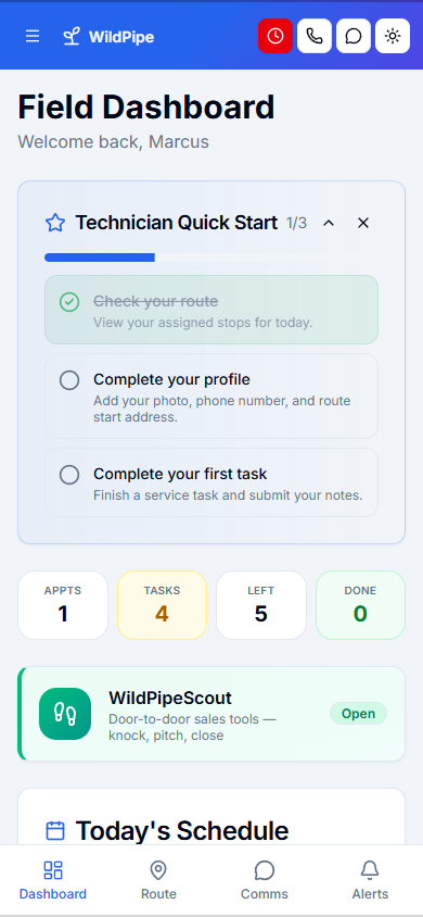 Field App in WildPipe: the technician app with today’s work