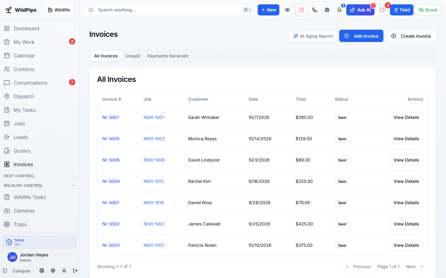Invoices & Payments in WildPipe: the invoices list with balances and due dates