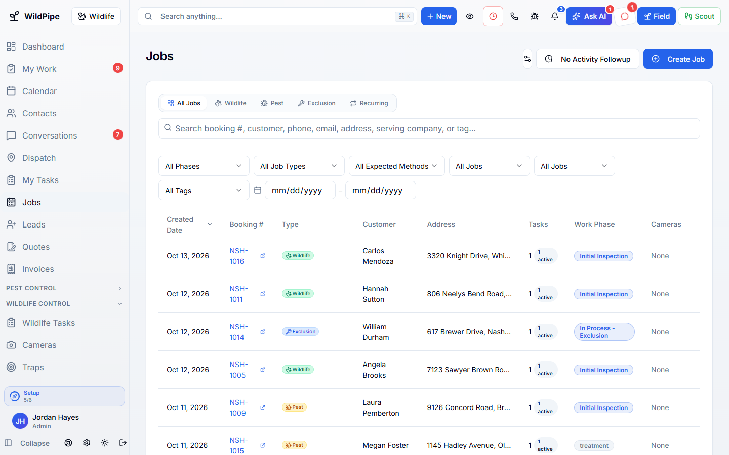 Job Management in WildPipe: the jobs list with work phase, tasks, and linked cameras