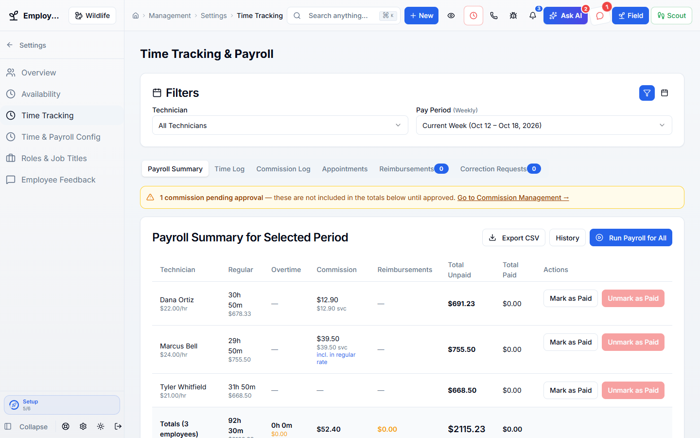 Time & Payroll in WildPipe: clocked hours by employee for the pay period