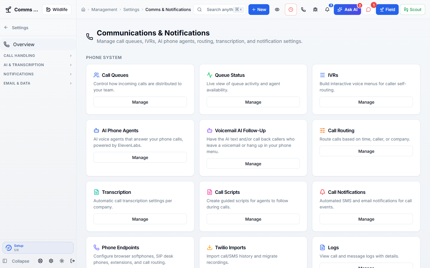 Business Phones in WildPipe: the business phone system settings