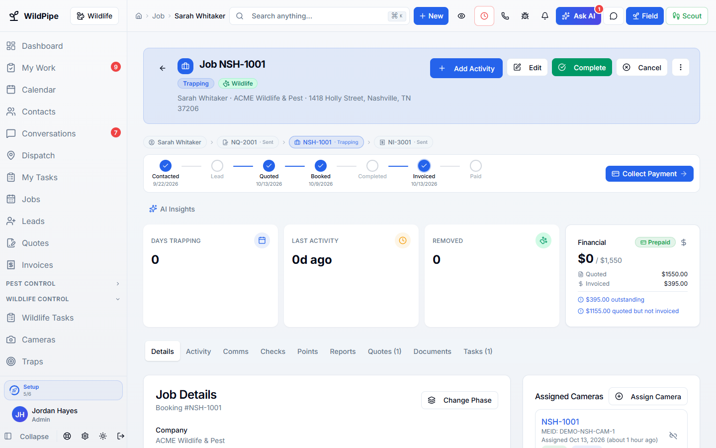 A wildlife job in WildPipe with the customer, quote, invoice, and trapping progress together