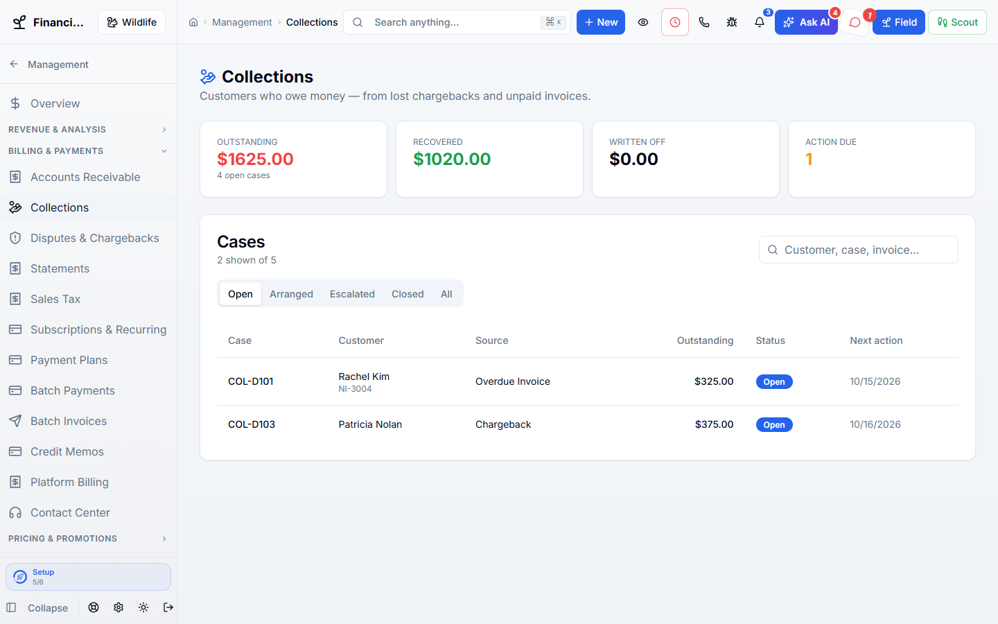 Collections & Chargebacks, step 1 of 3: Every customer who still owes you, with what is outstanding and the next step.