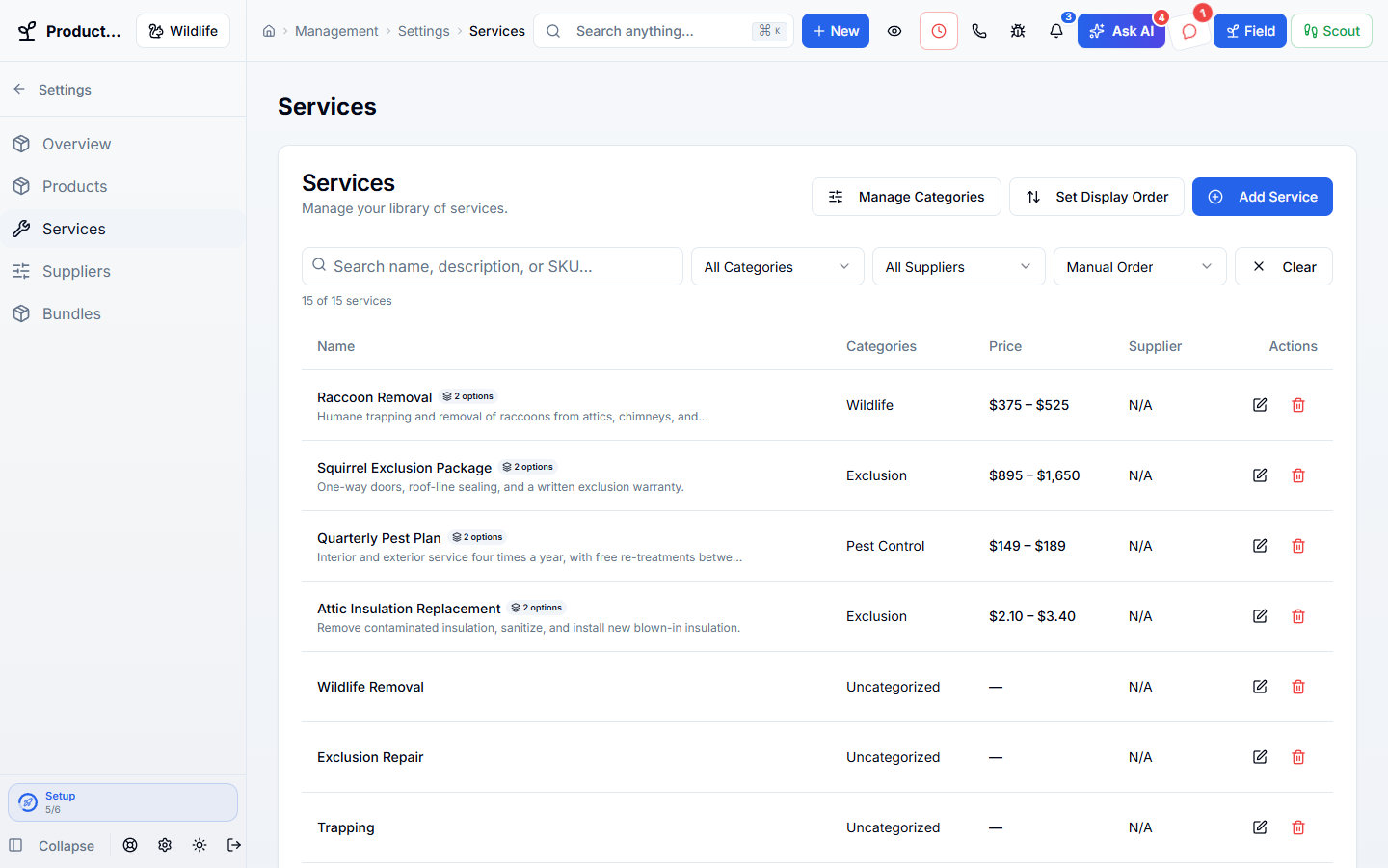 Price Book & Catalog, step 1 of 2: Every service with its price range and category.