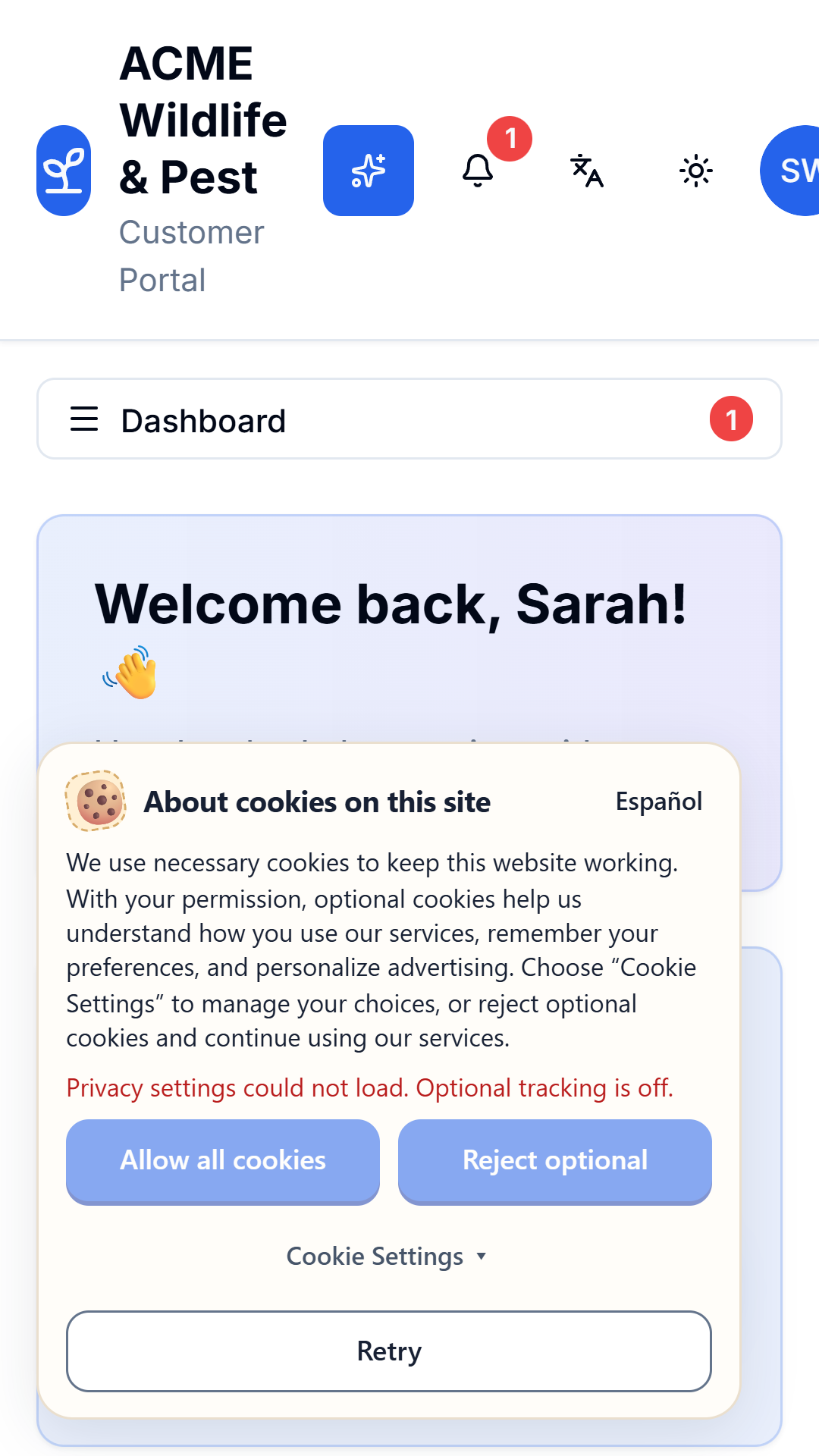 The home screen of a branded customer app showing the next visit