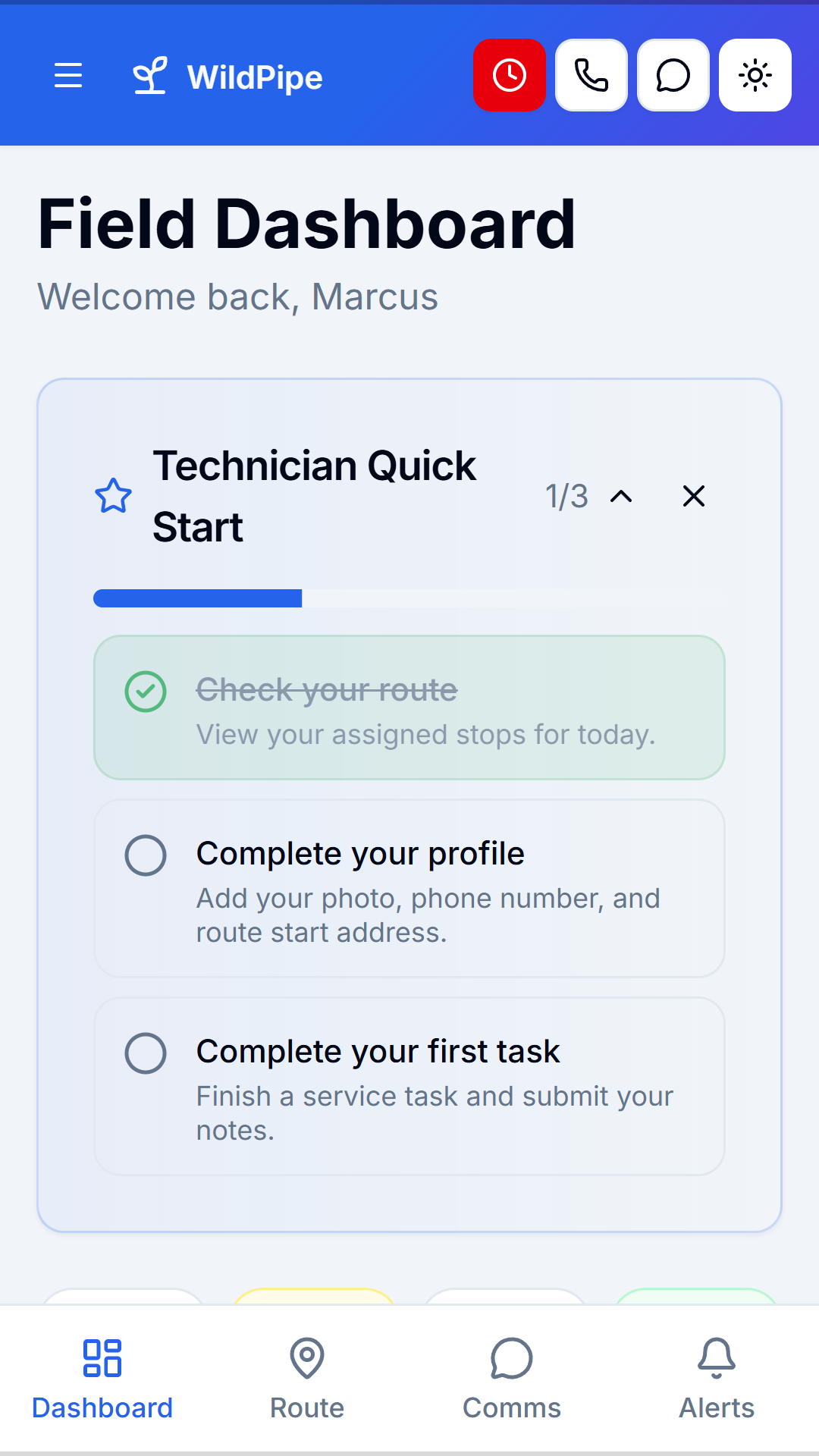 A technician’s day in the branded staff app with stops listed in order
