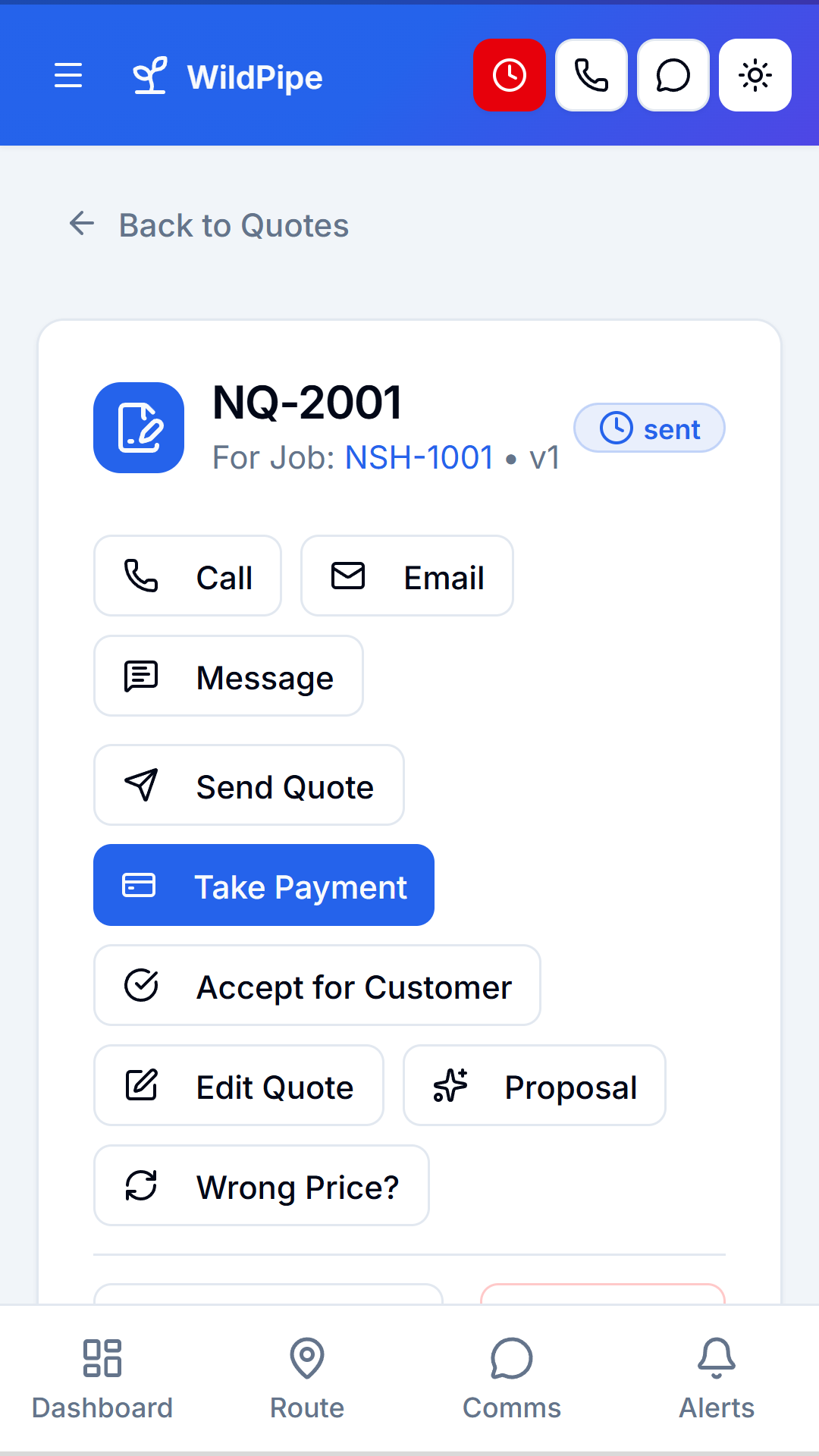 A quote being built on site in the branded staff app